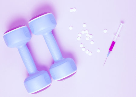 Doping in sport. Anabolic steroid. Sports Pharmacy. Plastic dumbbells, syringe, pills on gray background. Duotone effect.の写真素材