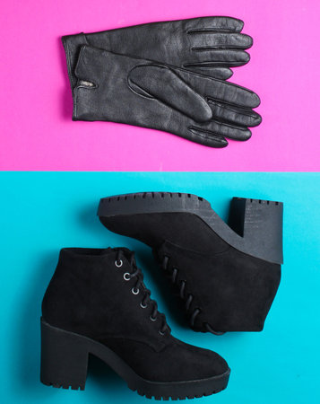 Minimalism collage of fashionable women's shoes and accessories on colored background. Black boots,...