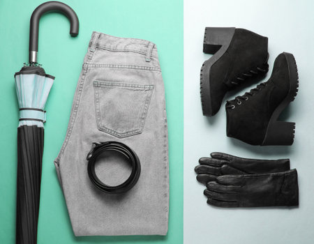 Trendy women's seasonal clothes and accessories on paper background. Top view, minimalismの写真素材