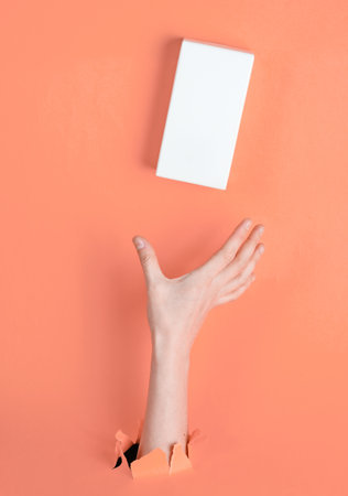 Female hand takes white box through torn pink paper. Minimalistic creative fashion conceptの写真素材