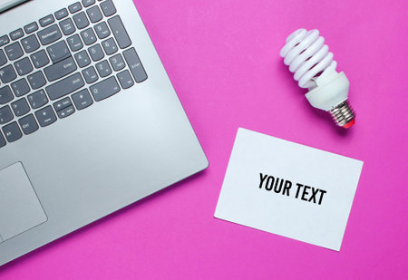 Modern laptop, spiral light bulb and sheet of white paper for copy space on pink background. Idea...