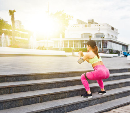 Fit woman in sportswear jumps with fitness gum expander on the stairs outdoors. Street functional training. Back viewの写真素材