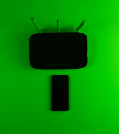 Wi fi router, smartphone. Modern gadgets. Green Neon light. Top view