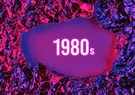 Torn Frame of crumpled foil with text 80s. Copy space. Blue pink neon lightの写真素材