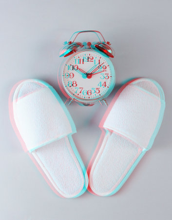 White hotel sleeping slippers and alarm clock on gray background. Time to sleep. Top view, glitch...