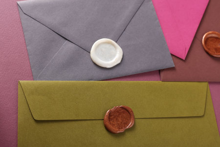 Colored Envelopes with wax seal. Gift certificate, wedding invitation