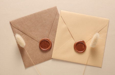 Envelopes with wax seals and lagurus flowers on beige background. Gift certificate, wedding...