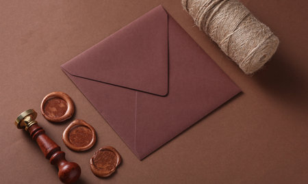Envelope with wax seals and vintage stamp, skein of thread on brown background. DIY, Gift certificate, wedding invitation. Top viewの写真素材