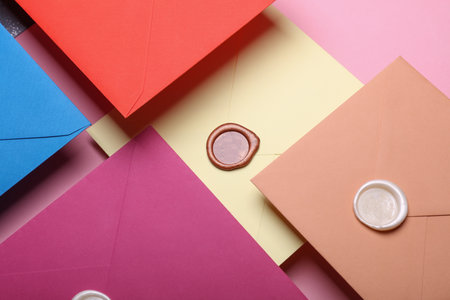 Floating colored Envelopes with wax seals on pink background. Gift certificate, wedding invitation. Creative layoutの写真素材