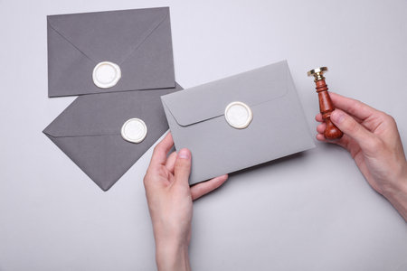 Girl sealing envelope with wax sealing stamp on gray backgroundの写真素材