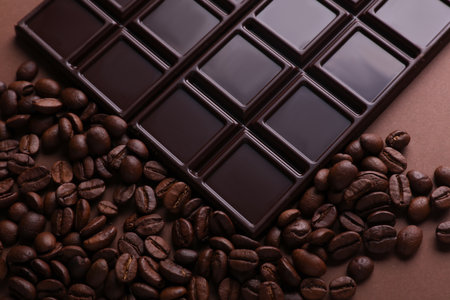 Dark chocolate bars with coffee beansの写真素材