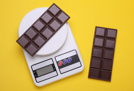 Dark chocolate bars with Kitchen scale on yellow background. Calorie counting, diet, weight lossの写真素材