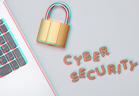 Cyber security. Laptop and Lock on gray background. Minimalistic concept. Glitch effectの写真素材