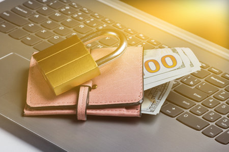 Restriction on online shopping minimalistic concept. Purse with lock on laptop keyboard
