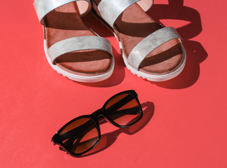 Fashionable women's sandals with sunglasses on pink background. Summer accessoriesの写真素材
