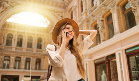 Cheerful blond woman in felt hat talking on the phone on the background of the old urban architectureの写真素材