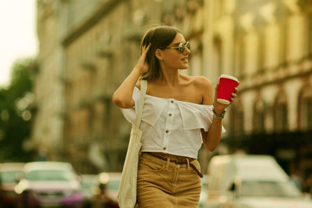 Coffee on the go. Young fashion woman in trendy summer clothes holding coffee cup while walking around the city and posing for the cameraの写真素材
