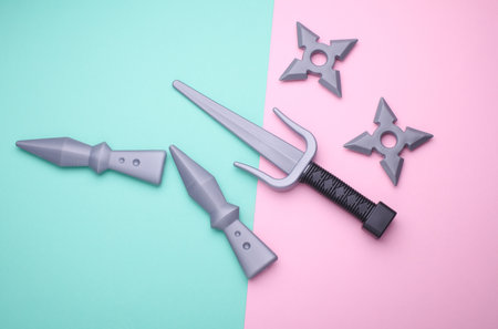 Ninja weapon play set on blue pink background