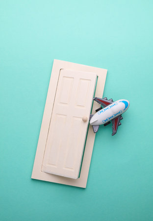 Toy airplane model. Travel concept. Flat lay