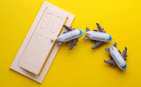 Toy airplane model. Travel concept. Flat lay