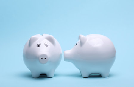 Ceramic white piggy bank on a blue background.の写真素材