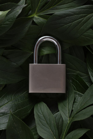 Metal lock on green plant leaves