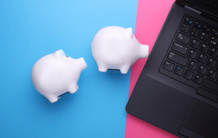 Ceramic white piggy bank with laptop. Business concept. Conceptual photo. Top view. Flat lay. Copy...