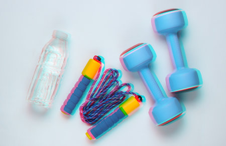 Flat lay style sport concept. Dumbbells, jump rope, bottle of water. Sports equipment on white background. Glitch effectの写真素材