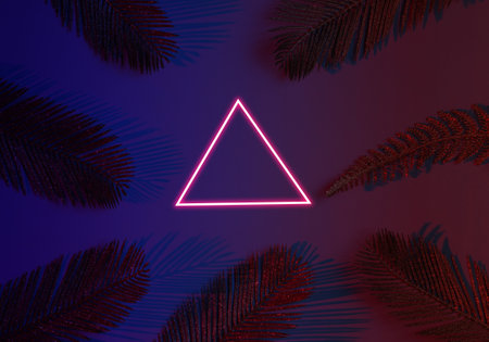 Creative pop art tropical concept. Golden palm leaves on blue-red neon gradient background. Neon...