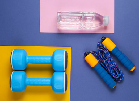 Flat lay style sport concept. Dumbbells, jump rope, bottle of water. Sports equipment on colored background. Top viewの写真素材