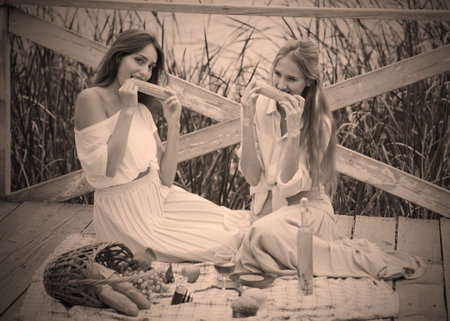 Two cheerful young women have a picnic outdoors on a summer day. Two girlfriends in retro vintage style clothes spend time together on the pond pier.の写真素材
