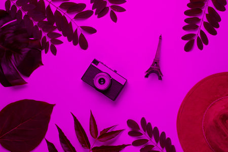Jorney to Paris. Hat, retro camera, figurine of the Eiffel tower in pink neon light with green leaves. Top viewの写真素材