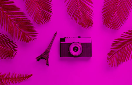 Minimalistic travel still life. Eiffel tower figurine, retro camera among decorative golden palm leaves in pink neon light. Top viewの写真素材