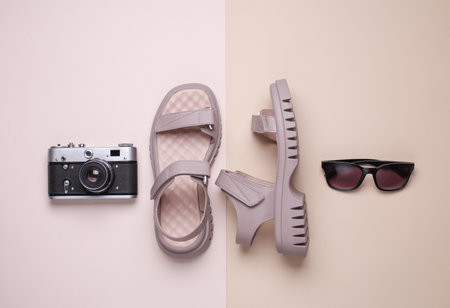 Women's leather sandals with camera and sunglasses on beige background. Summer time, vacation,...