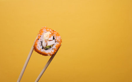Chinese chopsticks holding sushi roll on yellow backgroundの写真素材