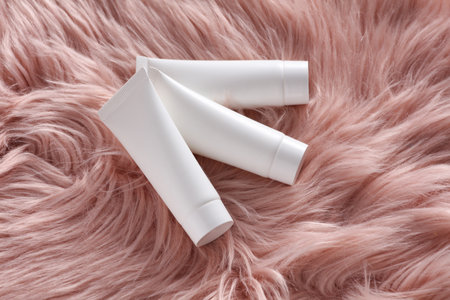 White cream tubes on pink fur background. Beauty mockupの写真素材