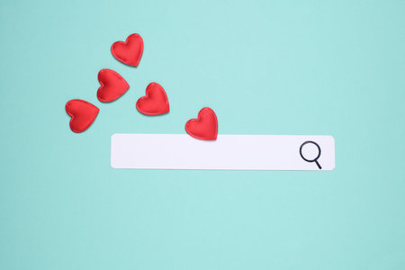 Papers browser search bar with red hearts on blue background. Love, Valentine's Dayの写真素材