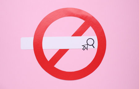 Paper search bar with cursor and prohibition sign on a pink backgroundの写真素材