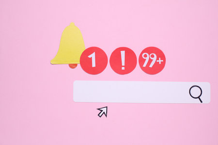 papers browser search bar with cursor and notification icons on pink background