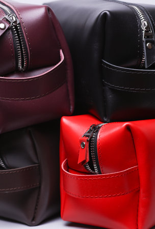 Leather cosmetic bags organizers close up macroの写真素材