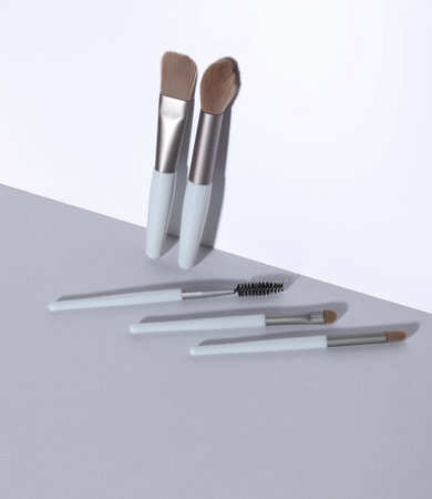 Makeup brushes on white gray background. Minimalism, beauty still life