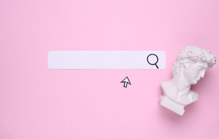 Paper search bar with cursor and bust on pink background.