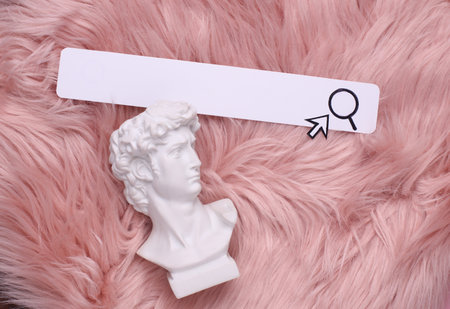 papers browser search bar with cursor and David bust on pink fuzzy background