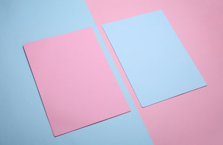 Blue and pink sheets of paper of A4 size on pastel backgroundの写真素材