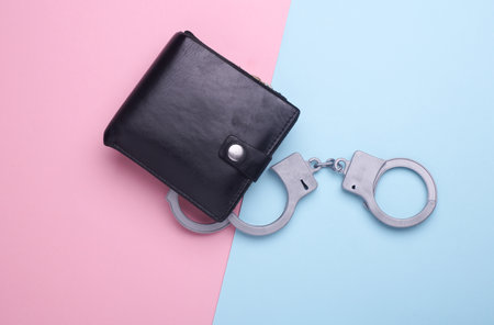 Leather purse and handcuffs on pink blue background. Corruption, crimeの写真素材