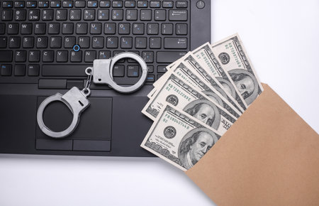 Laptop and envelope with hundred dollar bills and handcuffs on white background. Cyber...