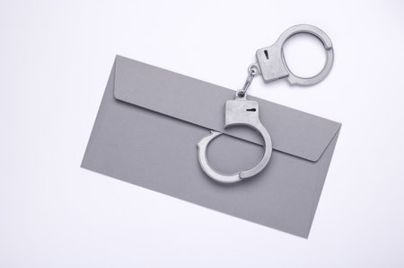 Handcuffs with envelope on white background