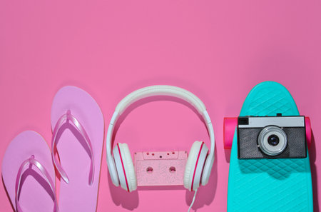 Hipster outfit. Skateboard, audio cassette, headphones, flip flop, retro camera on pink background. Creative fashion minimalism. Trendy retro 80s style. Minimal summer fun. Music concept. Top viewの写真素材