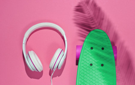 Hipster outfit. Skateboard with headphones on pink background with shadow from palm leaf. Creative fashion minimalism. Trendy old fashionable style. Minimal summer fun. Music conceptの写真素材