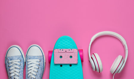 Hipster outfit. Skateboard with headphones, audio cassette and sneakers on pink background. Creative...